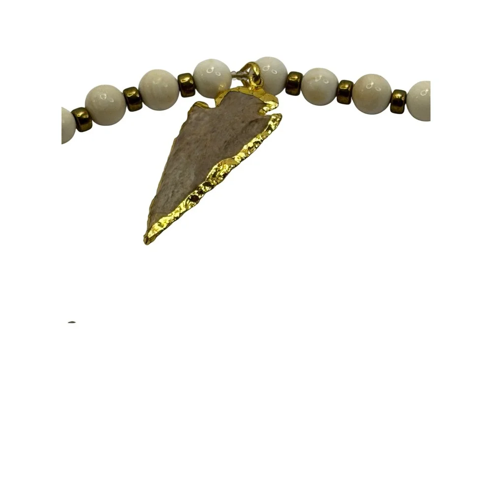 Bo Teak Gold Arrowhead Pendant‎ Leather Beaded Necklace Cream Tan Southwestern